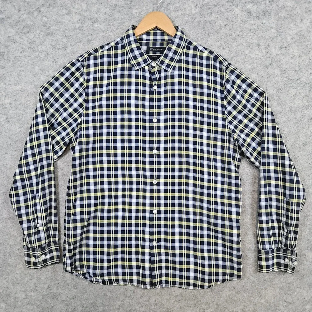 Banana Republic Men's Blue & Yellow Plaid Shirt Size L Untucked Slim‎ Fit Preppy